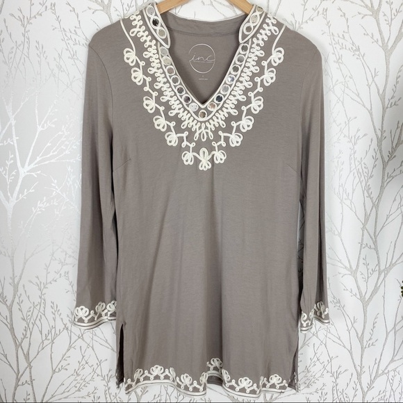 INC International Concepts Taupe Embellished Pima Cotton V-Neck Top Large - Picture 12 of 12